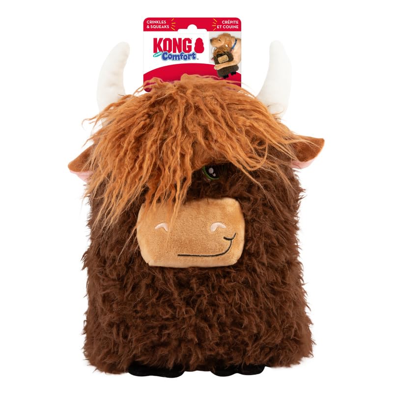 KONG Comfort Jumbo Highland Cow - Assorted Colors, 3 Squeakers and Crinkle Material - Indoor Dog Toy