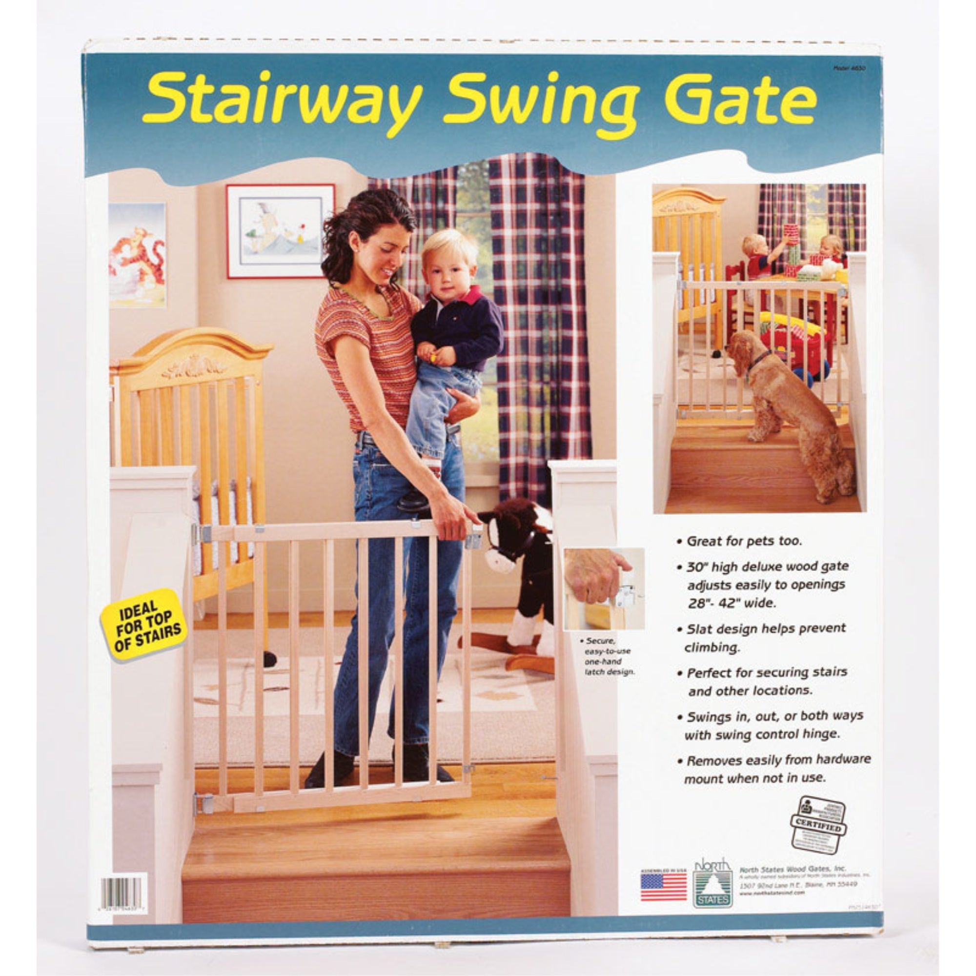 Toddleroo by North States Stairway Swing Wooden Gate, Baby Gate for Stairs. Fits 28&quot;- 42&quot; Wide. Hardware Mount. Child Gates for Doorways. Made in USA (30&quot; Tall, Sustainable Hardwood)