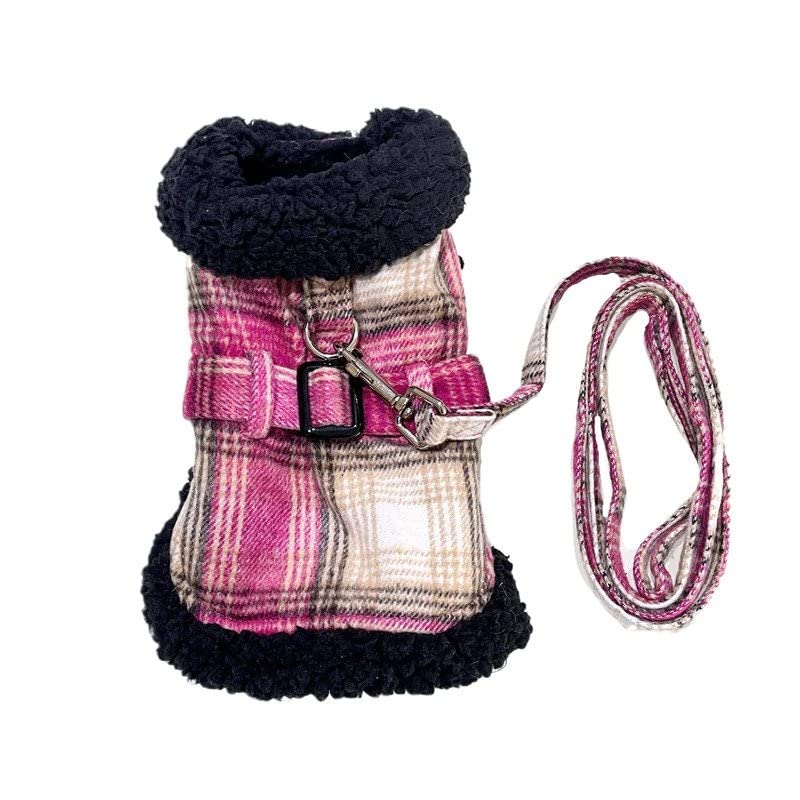 Sherpa-Lined Dog Harness Coat (Large, Hot Pink & Tan Plaid)