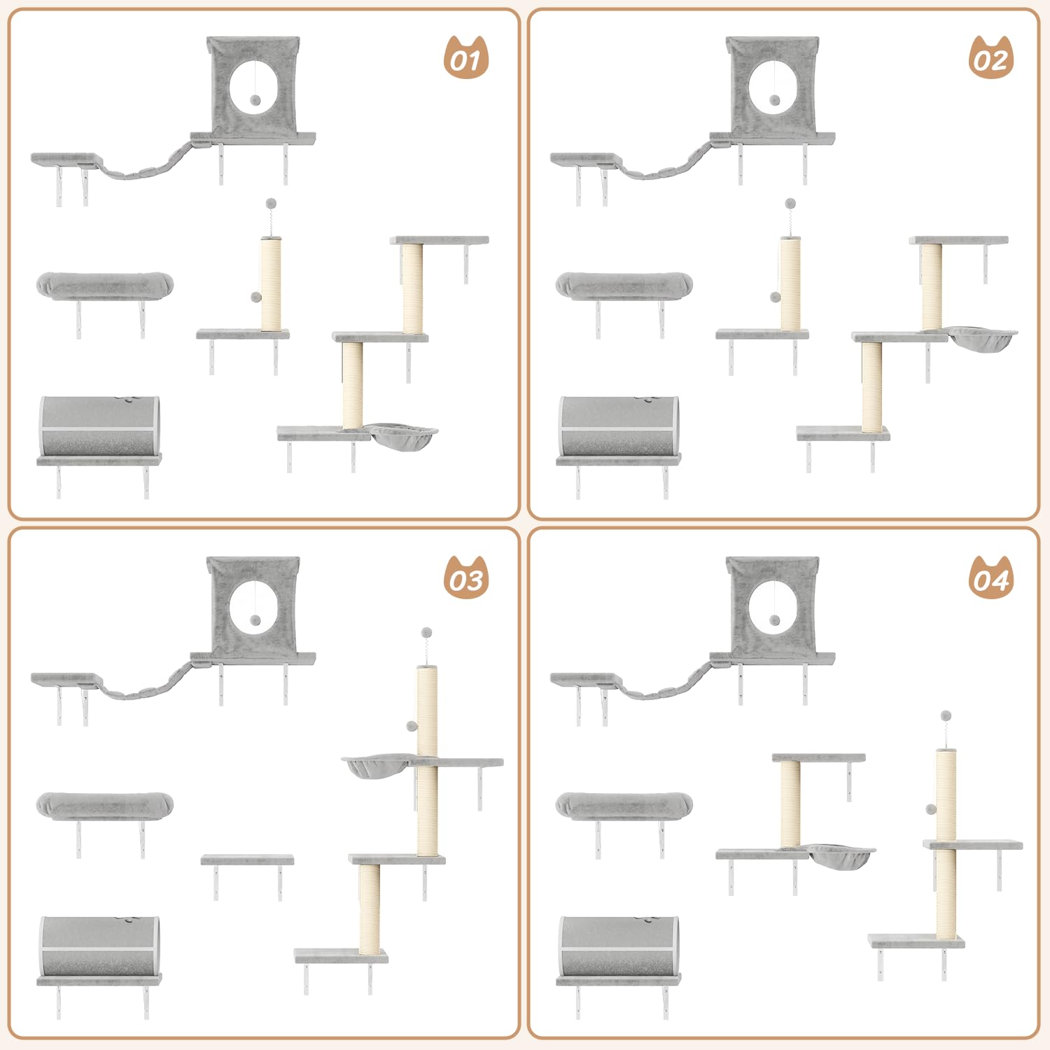 NUNU LAB 7-in-1 Wall Mounted Cat Climber Set, Cat Furniture Set with House, Tunnel, Bridge, Tree, Steps, Scratcher Board, Hammoc