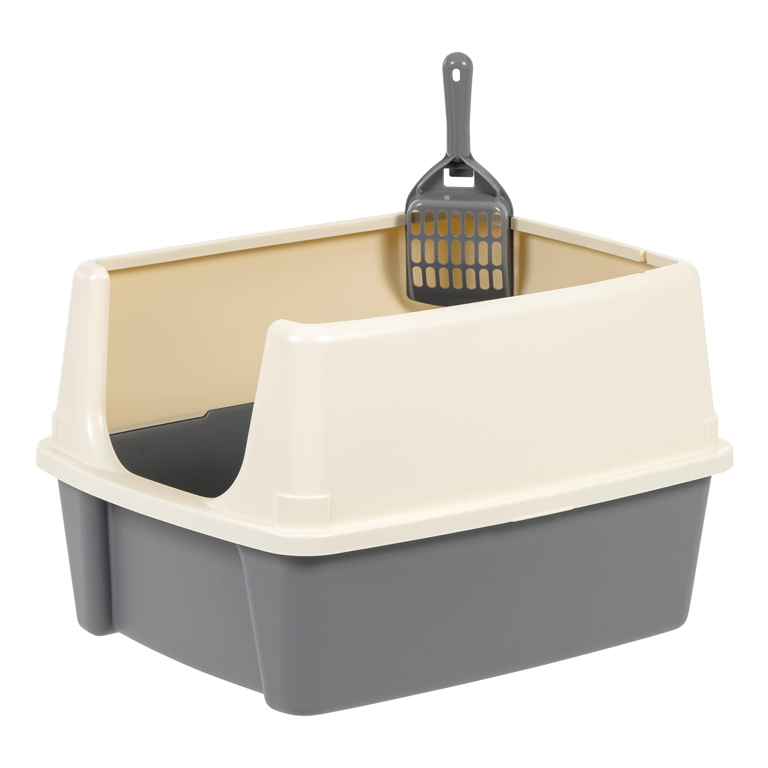 Amazon Basics Large Cat Litter Box With High Sides, Open Top, Includes Scoop, 19 X 15 X 11.75 Inches, Grey/Beige