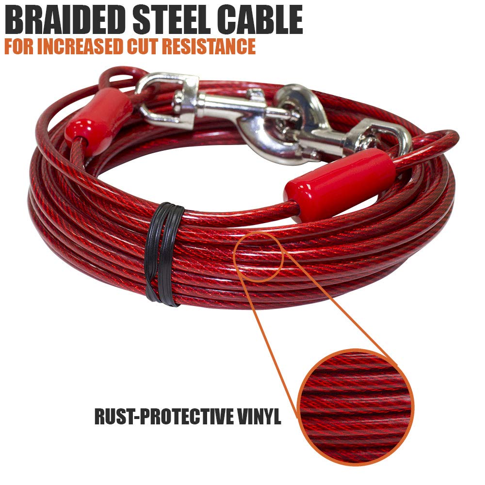 Bv Dog Tie Out Cable 30 Feet - Dog Leads For Yard Heavy Duty - Up To 125 Pounds | Tie Out Cable For Dogs, Reflective Dog Lead, Dog Cable 30Ft | Rust Free Dog Chain Outdoor | Dog Chain For Yard (Red)