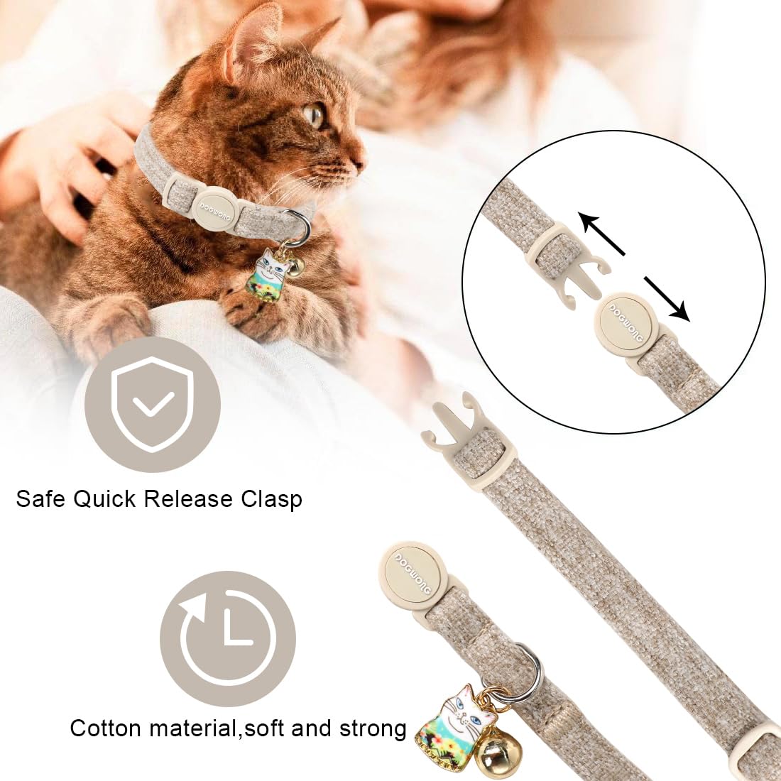 Cat Collar,2 Pack White Hemp Cat Collars Breakaway With Bell, Dogwong Safety Buckle Wedding Cat Collar For Girl Boy Cats And Sma