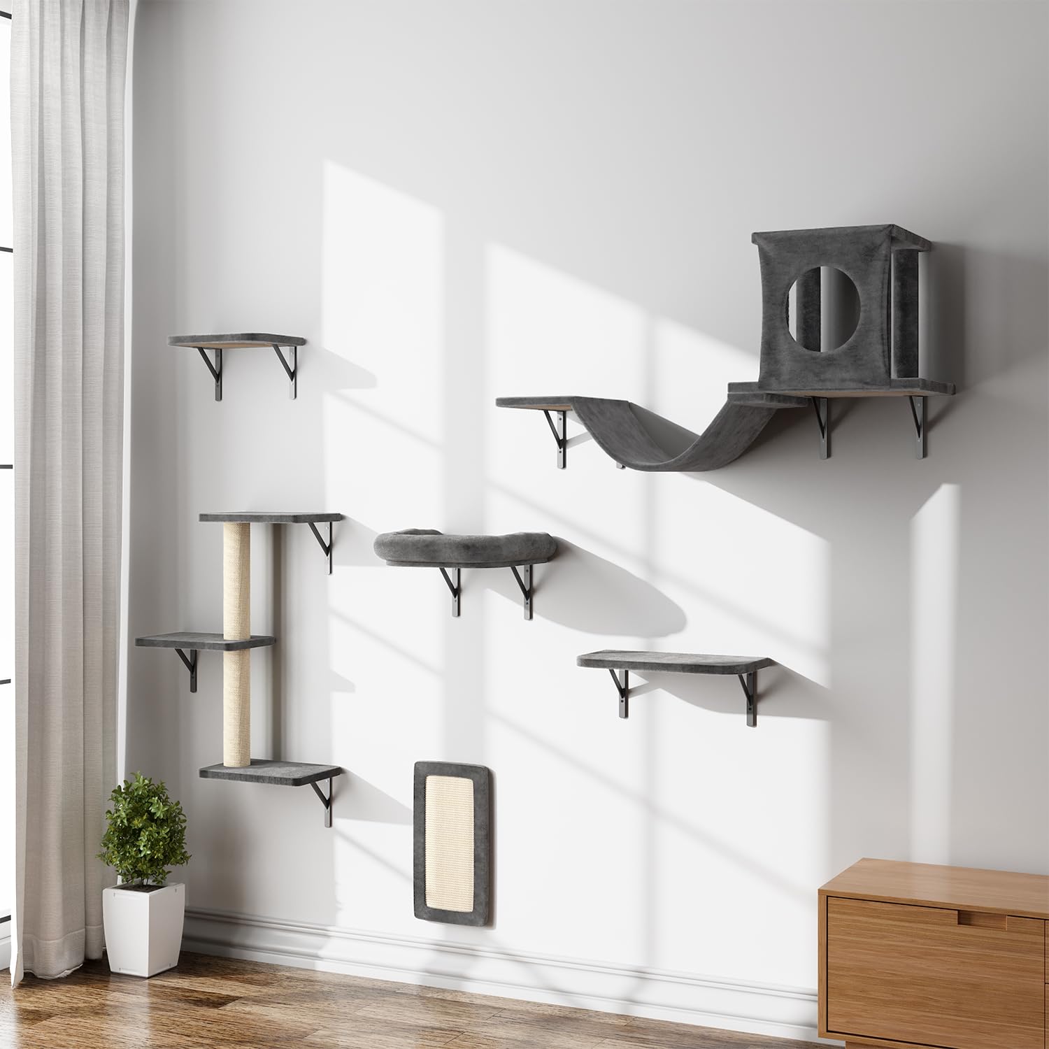 Nunu Lab Wall Mounted Cat Climber Set, 6 Pcs Cat Furniture Set With House, Tunnel, Bridge, Steps, Scratcher Board And Hammock, S