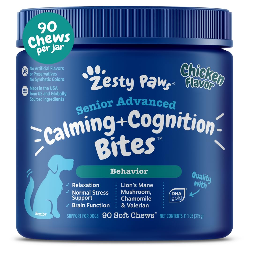 Zesty Paws Senior Advanced Calming & Cognition Soft Chews for Dogs - Supplements for Dog Brain Health & Nervous System Support +