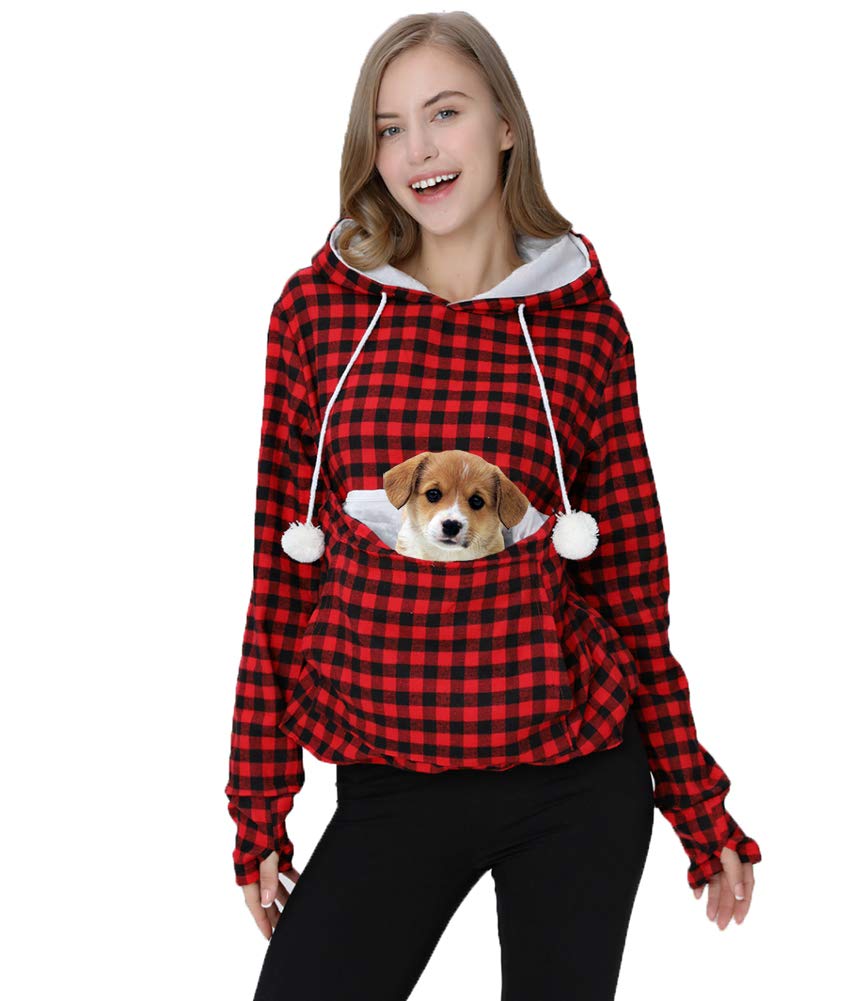 Jomago Womens Pet Carrier Thin Hoodies Kitten Puppy Pouch Shirts Animal Holder Hood Long Sleeve Sweatshirt Plaid Red