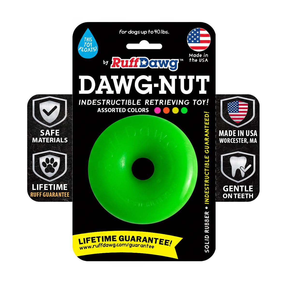 Ruff Dawg Dawg-Nut Medium 3.5    - Heavy-Duty Solid Rubber Donut Dog Chew Toy for Dogs Under 40 lbs - Floats & Bounces - Made in