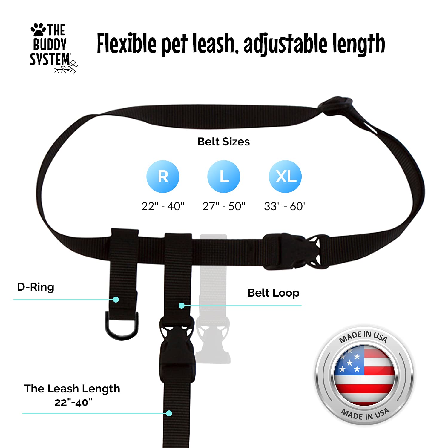 The Buddy System Adjustable Hands Free Dog Leash For Running, Jogging And Training Service Dogs Made In Usa (Large Belt (27''- 5