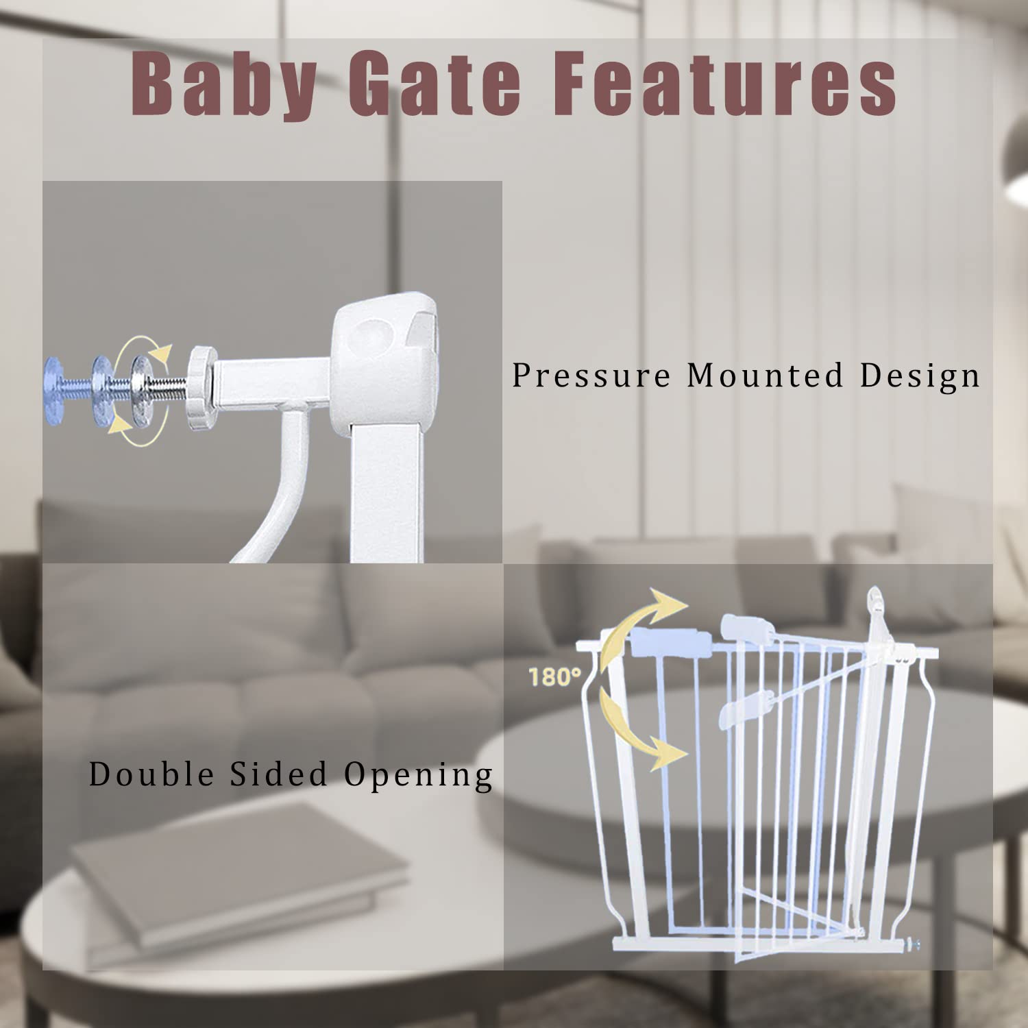 Extra Wide Baby Gate Pressure Mounted Auto Close White Metal Child Dog Pet Gate 48-53 Inch Wide For Stairs,Doorways,Kitchen And Living Room