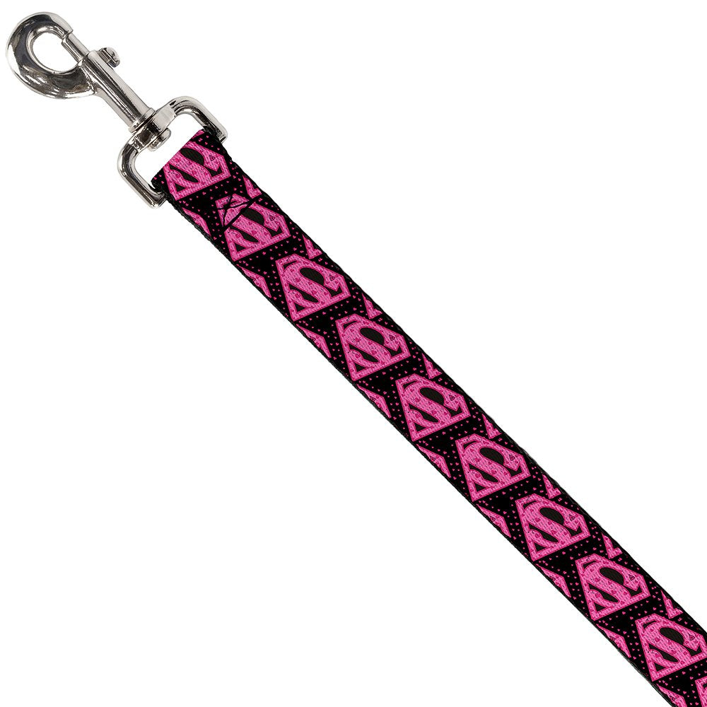 Dog Leash Diagonal Superman Logo Hearts Black Pink 6 Feet Long 1.5 Inch Wide