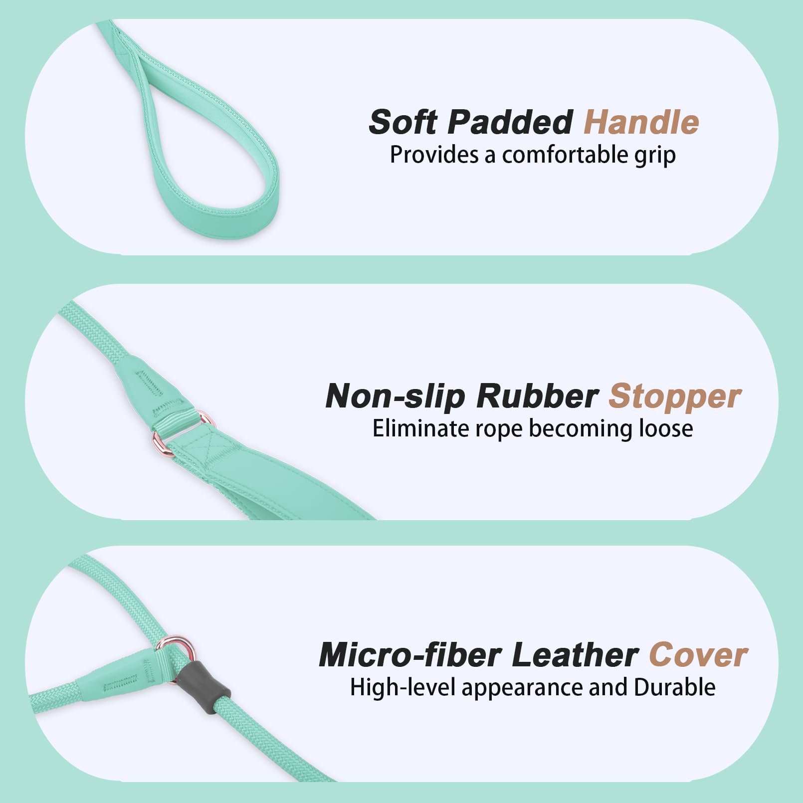 Aaufilux Slip Lead Dog Leash, Double Handle, Soft Leather, Heavy Duty Nylon, No Pull Walking, 5Ft Mint Green