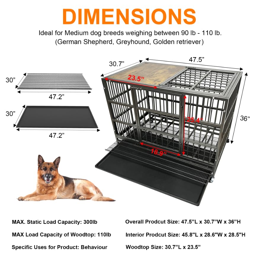 BOLDBONE 48 Furniture Dog Crate for Large Dogs, Heavy Duty Dog Kennel Indoor with Removable Crate Trays, Wheels and Stylish Wood