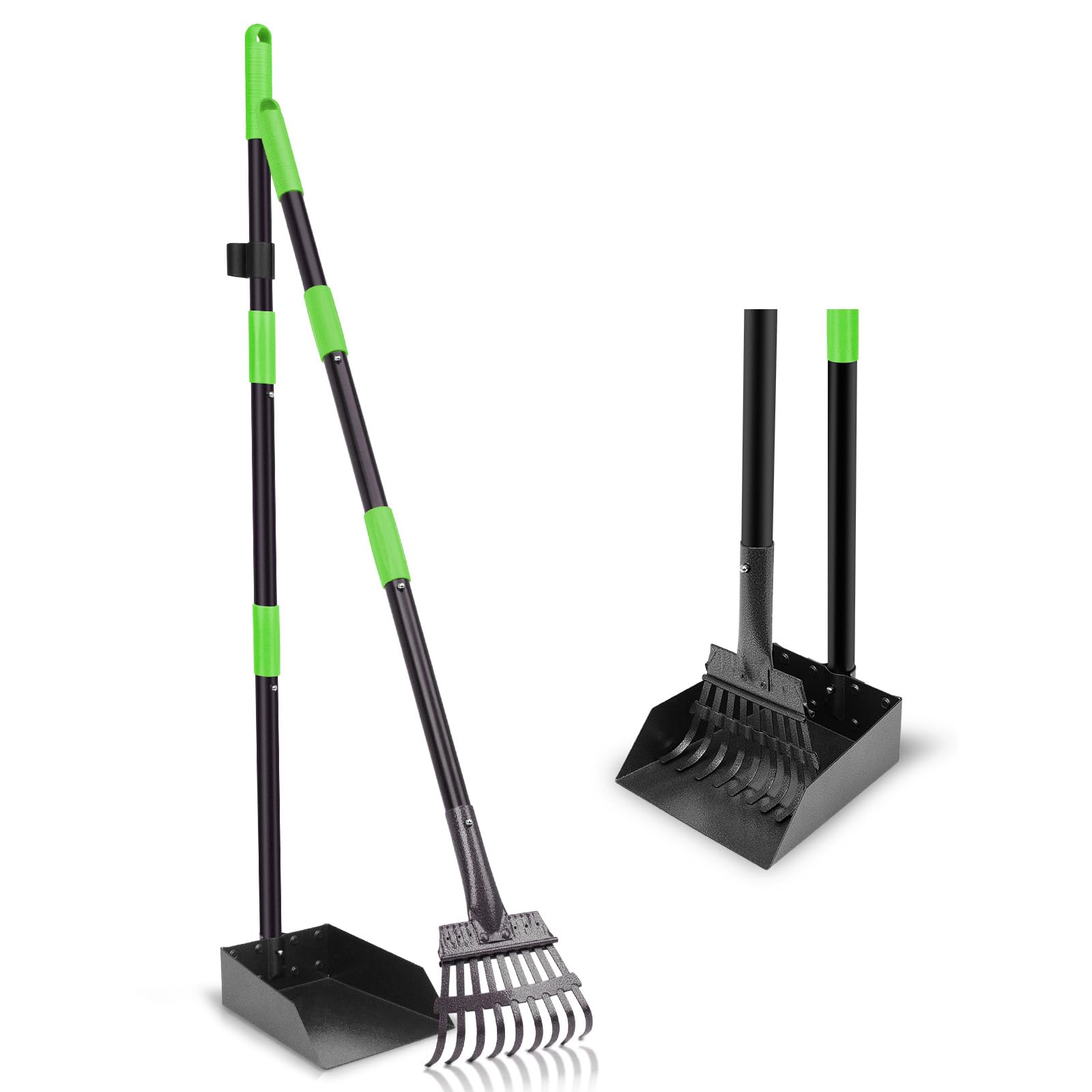 Twocorn Non-Breakable Pooper Scooper, Dog Pooper Scooper Tray & Rake Set With Adjustable Stainless Steel Long Handle For Large M