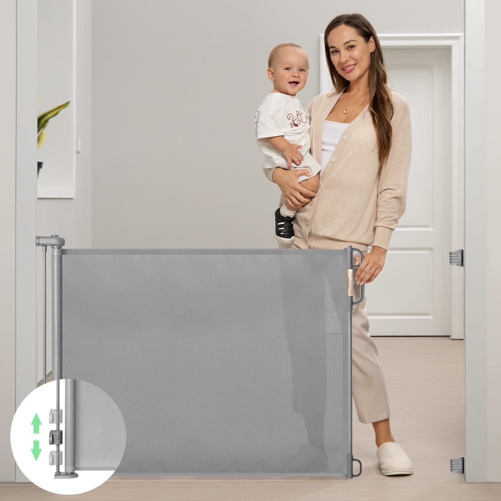 Momcozy Retractable Baby Gate, Mesh Baby Gate or Mesh Dog Gate, 33'' Tall,Extends up to 71'' Wide, Child Safety Gate for Doorway