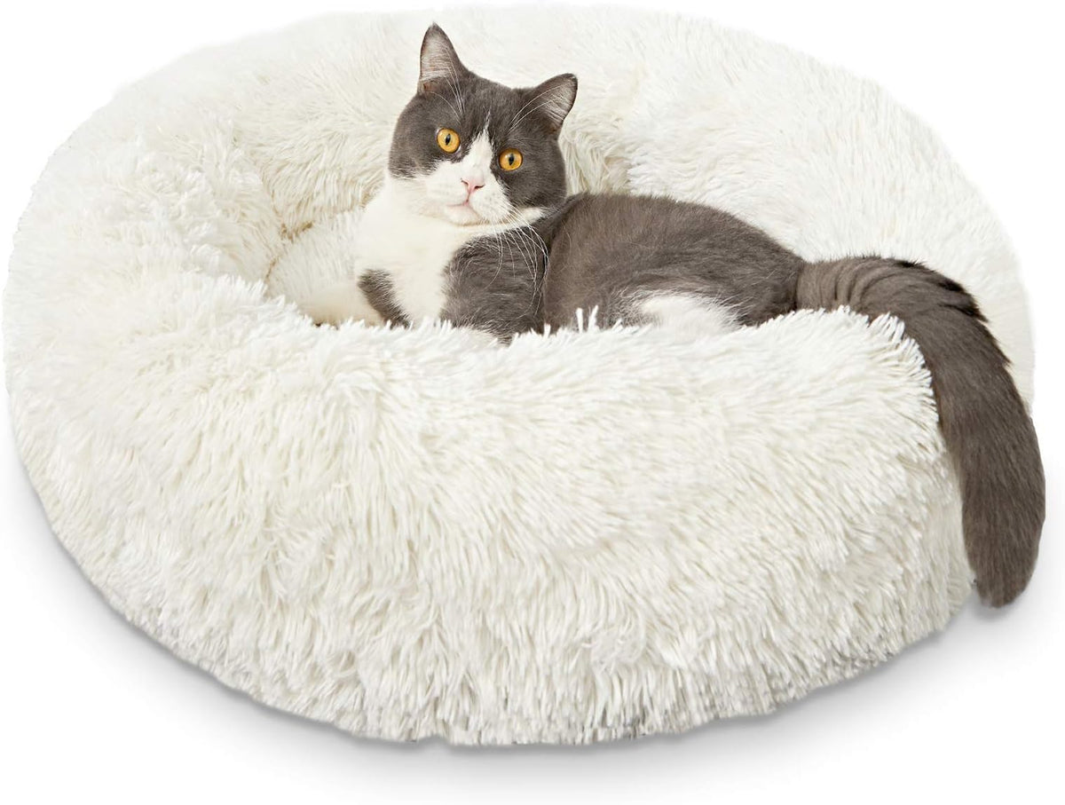 Cat Beds For Indoor Cats - Cat Bed Washable 20/24 Inches, Dog Beds For Small Medium Dogs, Anti Anxiety Round Fluffy Plush Faux Fur Cat Bed, Thick Bottom (White, Medium)