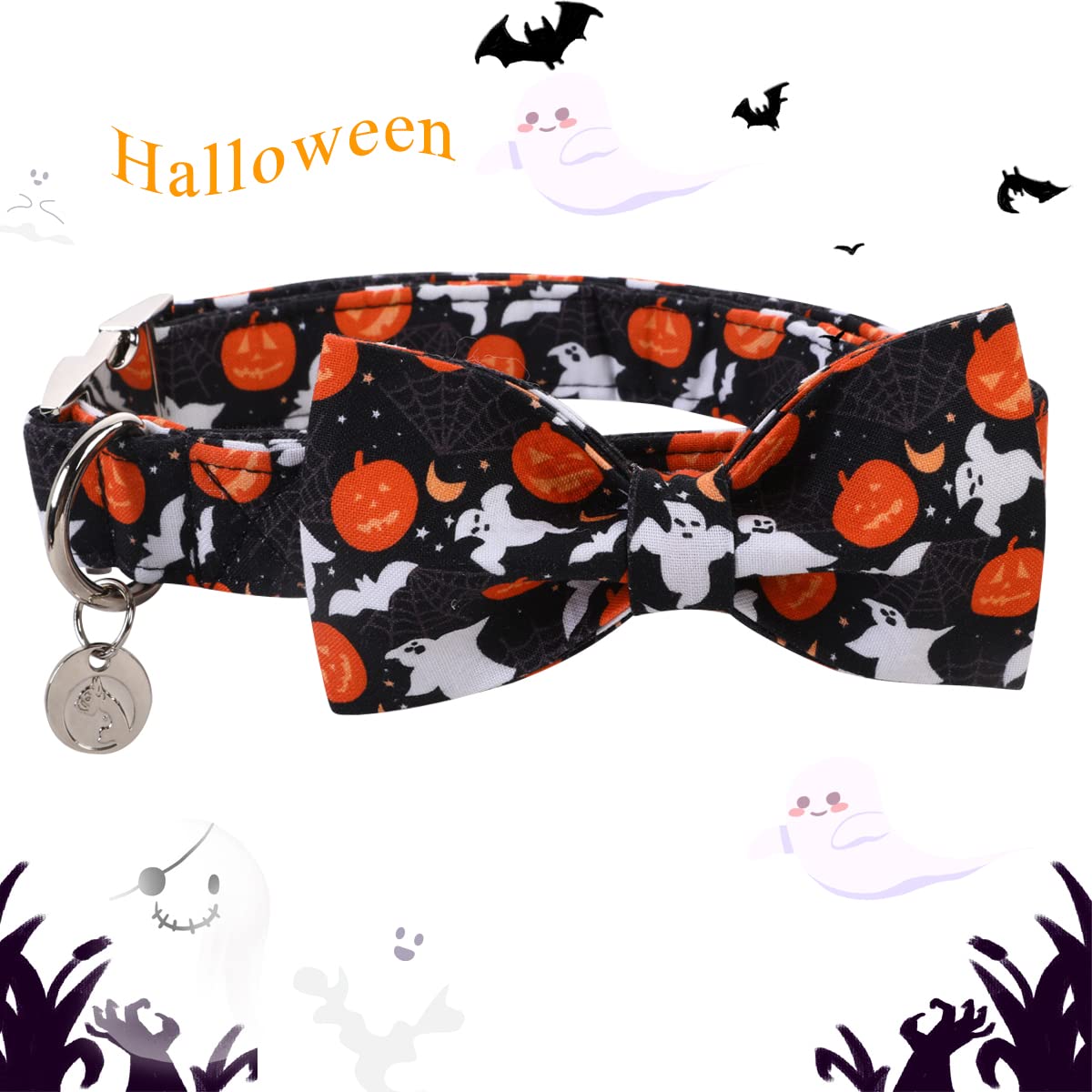 Dogwong Halloween Black Ghost Dog Collar With Removable Cute Bow Tie Adjustable Pet Collars, Soft Comfy Halloween Themed Pet Collar, Fall Dog Collar For Small Medium Large Dogs
