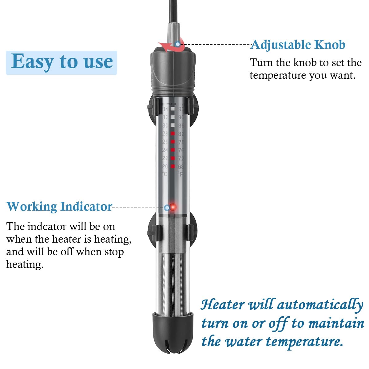 Hitop 25W 50W 100W 200W 300W Adjustable Aquarium Heater, Submersible Fish Tank Heater Thermostat With Suction Cup (50W)