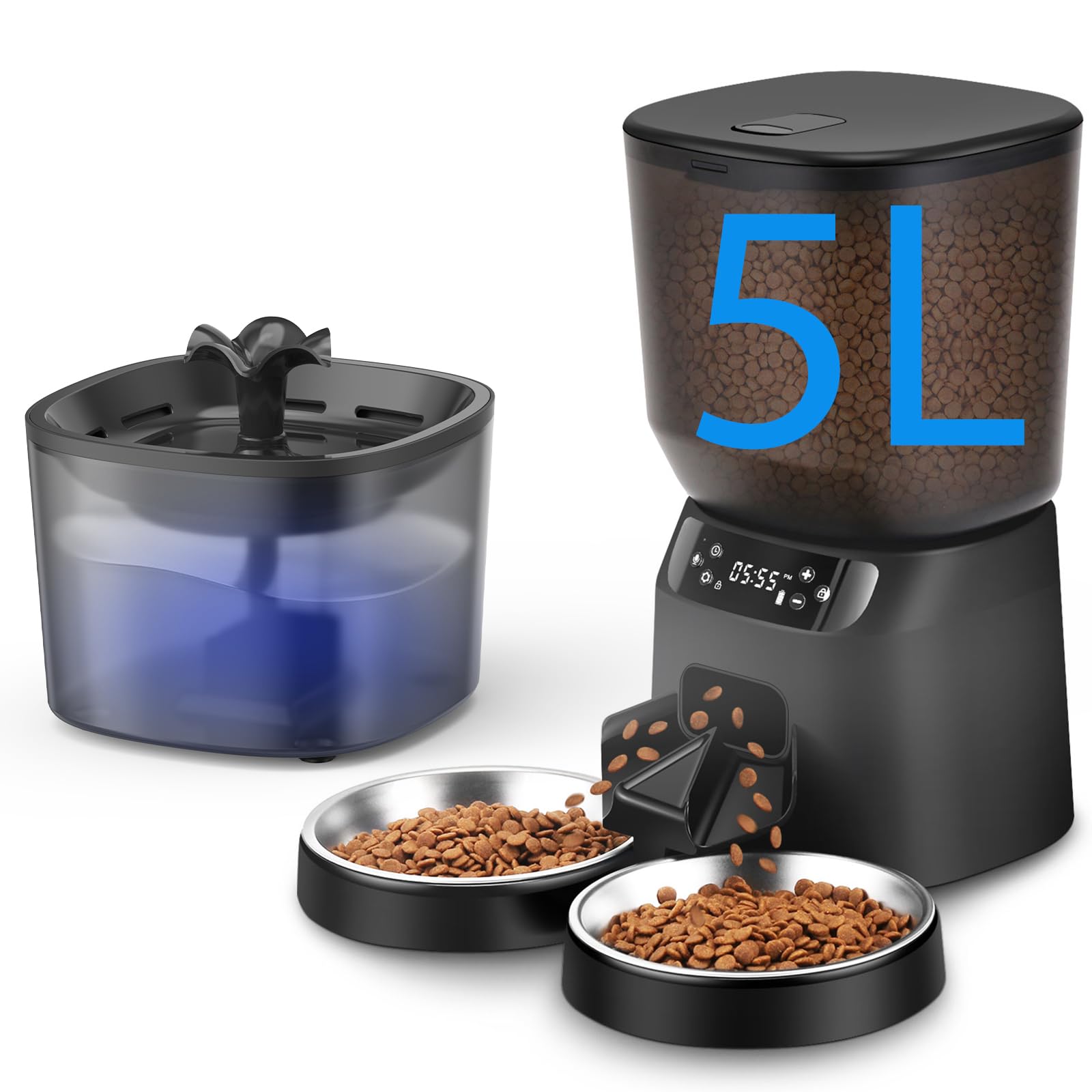 Automatic Cat Feeder and Water Dispenser Set, 5L/20 Cups Timed Cat Dry Food Dispenser, 2L Cats Water Fountain for Drinking with 