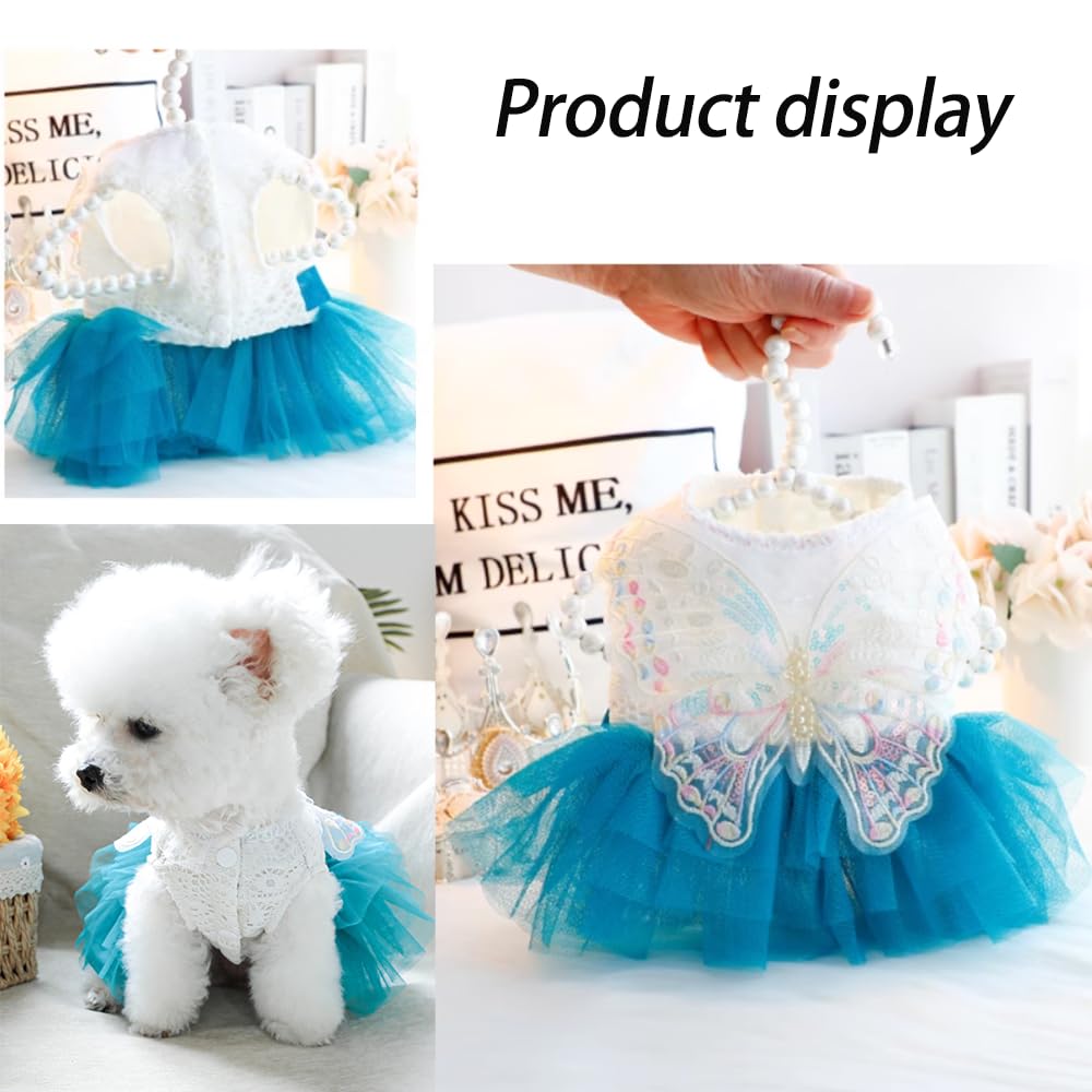 Aniac Butterfly Dog Dress With Blue Tutu Funny Dog Clothes With Wing Girl Puppy Dress For Small Dogs Pet Butterfly Costume Holid