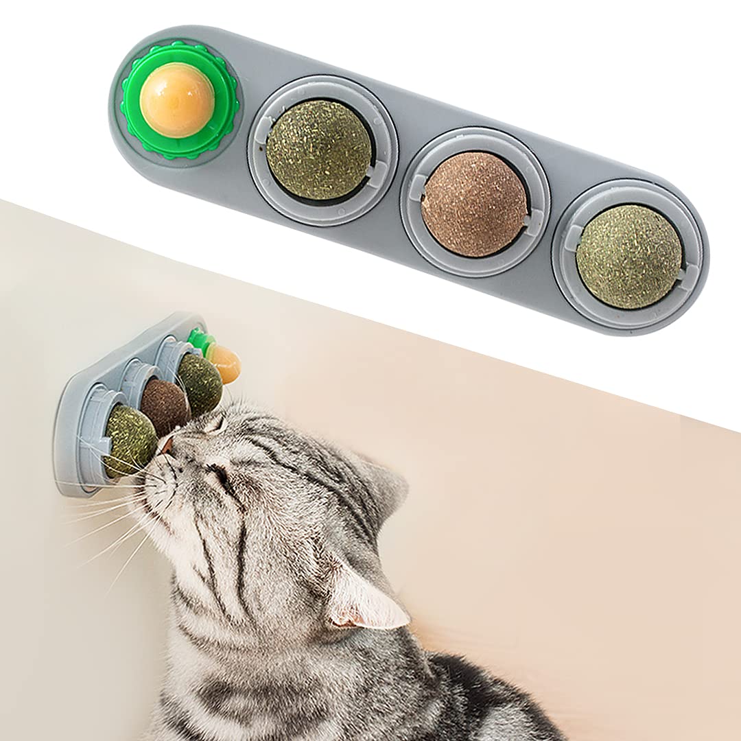 Potaroma 4 Catnip Silvervine Ball Toys, Extra Cat Energy Ball, Edible Cats Lick Kitten Chew, Teeth Cleaning Dental Wall Treats, Concentrated Flavor For All Breeds