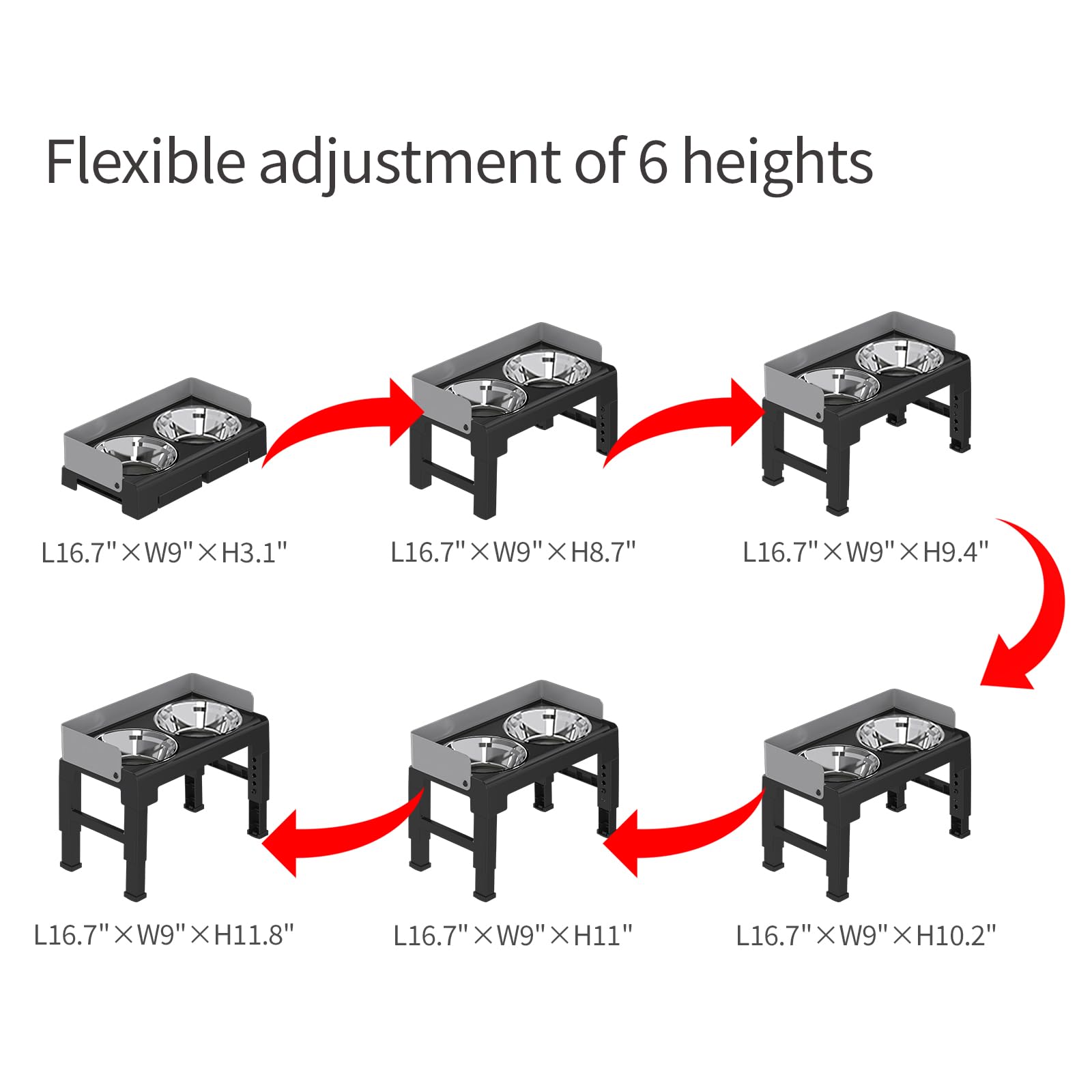 Pakeway Elevated Dog Bowls, Spill Proof, Tiltable Dog Feeder With 2 Stainless Steel Bowls, 6 Height Adjustable Raised Bowl