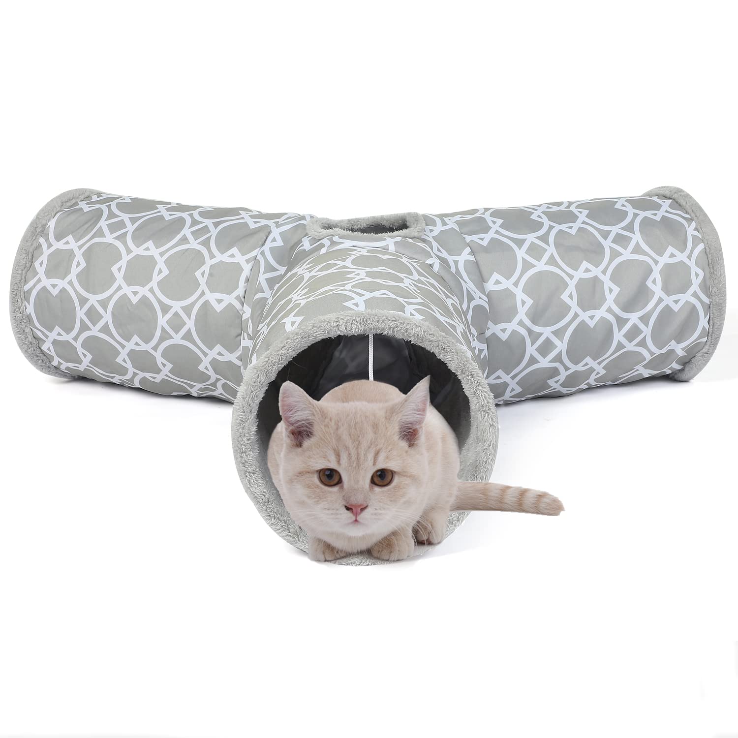 LUCKITTY Geometric Cat Tunnel - Plush Inside, Collapsible Tube for Cats, Kittens, Rabbits, Dogs - Grey-White, 3 Way, Model 1