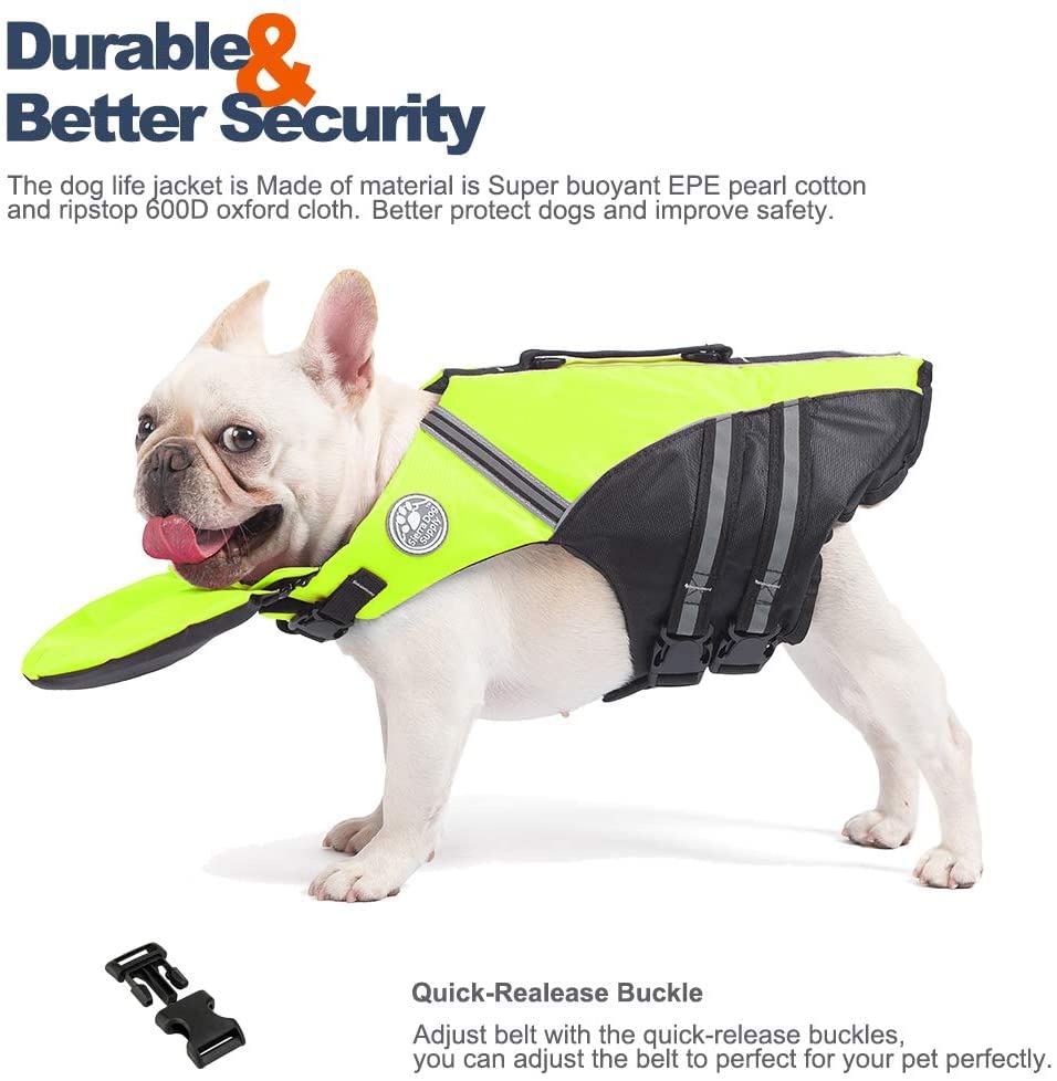 Petglad French Bulldog Life Jacket, Life Vest With Chin Float Rescue Handle For Corgi Pug, Adjustable High Visibility Flotation Swim Vest For Swimming Boating (Green)