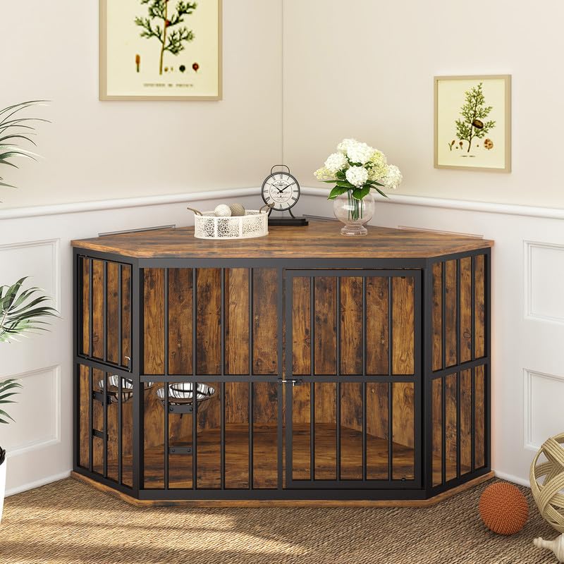 ROOMTEC 53 inch Furniture Dog Crate Corner, Dog Kennel Corner Wooden End Table with Bowl, Indoor Pet Crates Corner Side Table fo