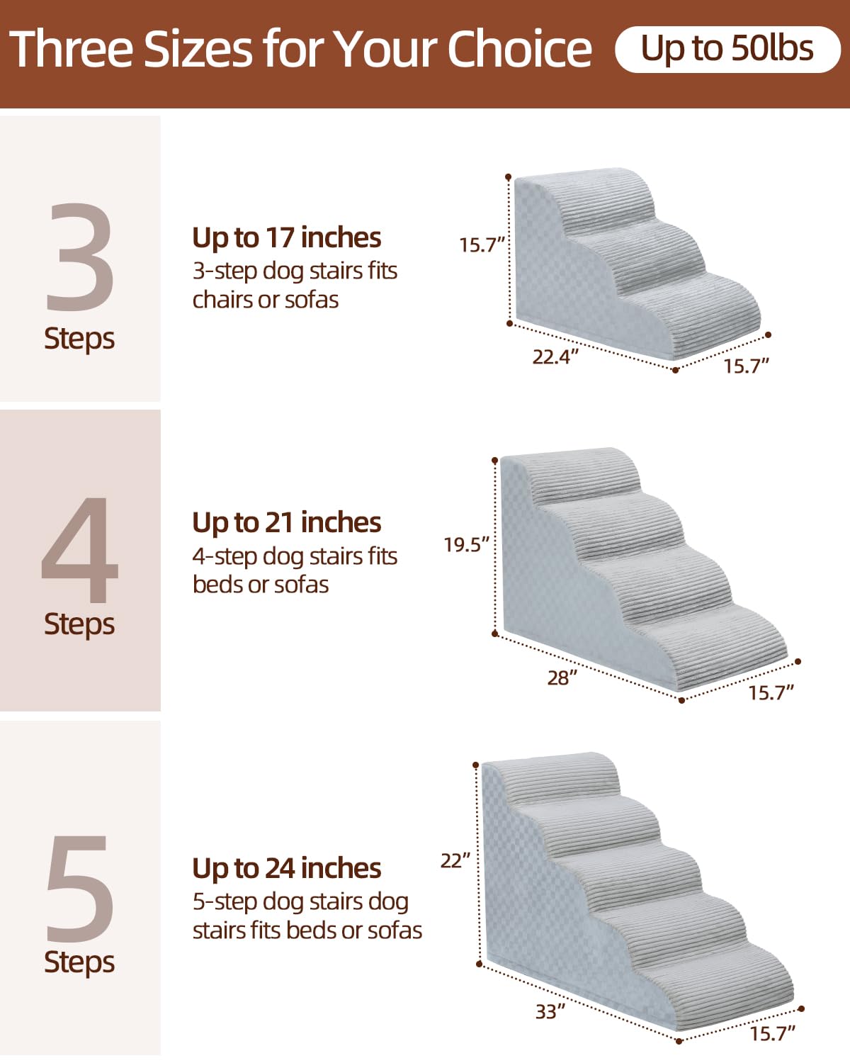 Dog Curved Stairs For High Beds 22'' H, 5-Step Pet Stairs For Small Dogs With High Density Foam, Dog Slope Stairs With Durable N