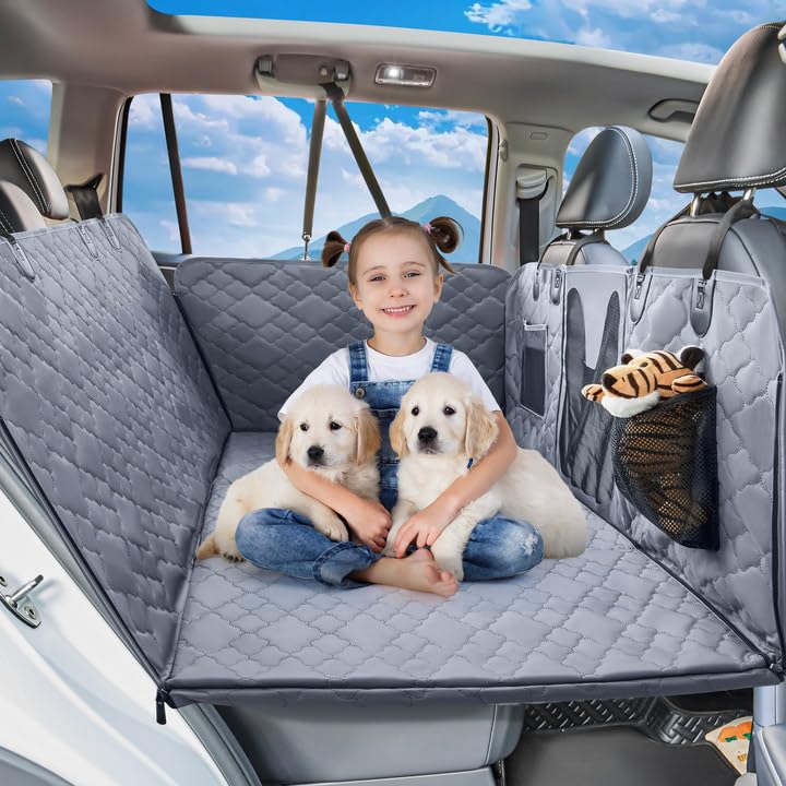 Spacocld Dog Car Seat Cover For Back Seat - Extender With Hard Bottom Holds 400 Lbs, Waterproof Protector With Mesh Window, Hamm