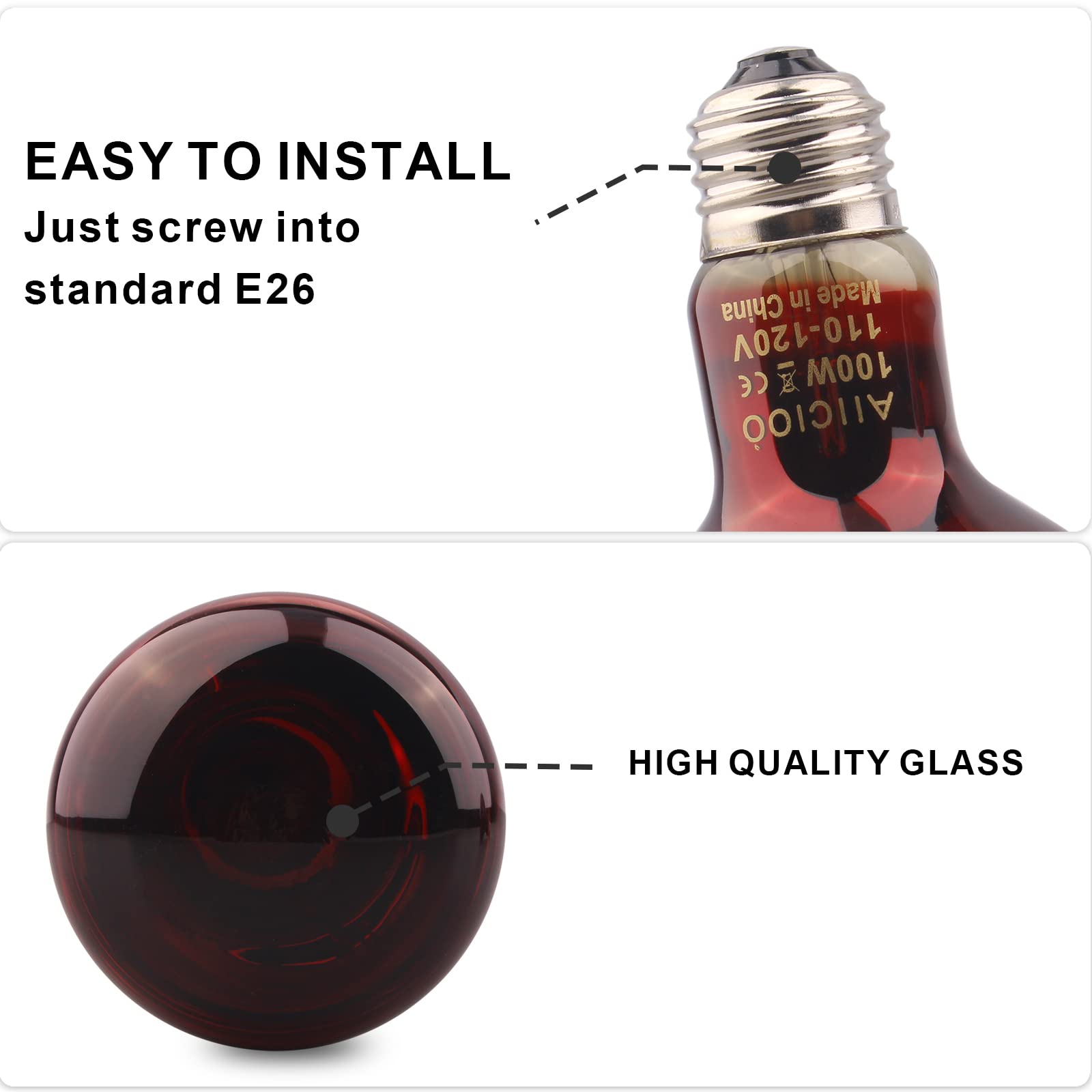 Aiicioo Reptile Red Night Light Bulb - 100W Reptile Heat Lamp Bulb Infrared Basking Spot Lamp For Bearded Dragon Lizard Turtle H