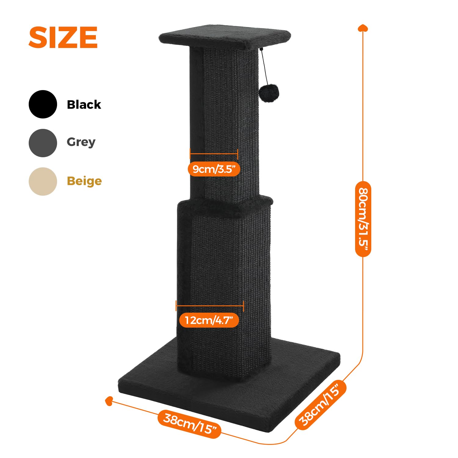Pawz Road Large Cat Scratching Post 32” Tall Black Scratching Post For Indoor Cats Adults Ultimate Scratch Post With Woven Sisal, Large Base And Removable Dangling Ball- Black
