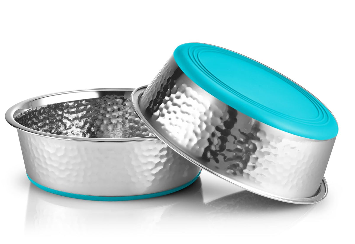 Urbuddies 2 Pack Hammered Stainless Steel Cat Bowls, 2 Cup, Turquoise Bottom