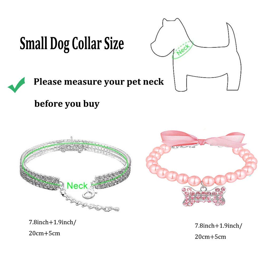 WoYous Rhinestones Dog Collar and Pearl Dog Necklace Set, Adjustable Neck Strap Bling Full Diamond Pearl Dog Collar for Small Ca