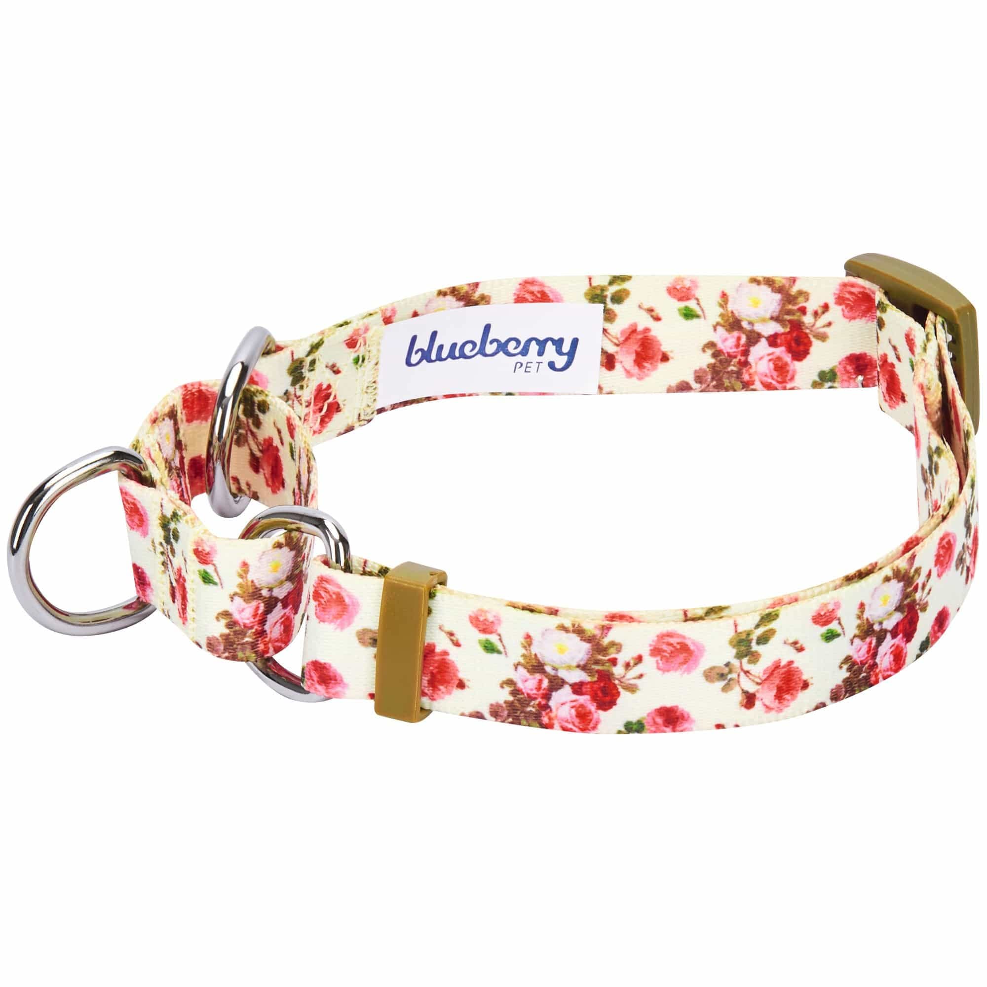 Blueberry Pet Spring Scent Inspired Rose Print Martingale Safety Training Dog Collar, Ivory, Medium, Heavy Duty Adjustable Colla
