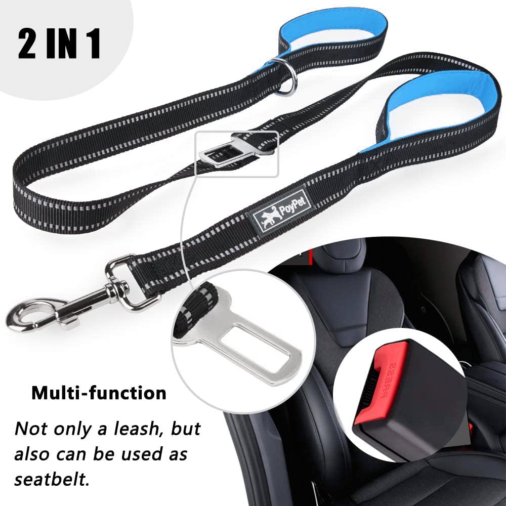 Poypet 5 Feet Dog Leash - 3M Reflective - 2 Cushioned Handles - Functional Car Seat Belt(Blue)