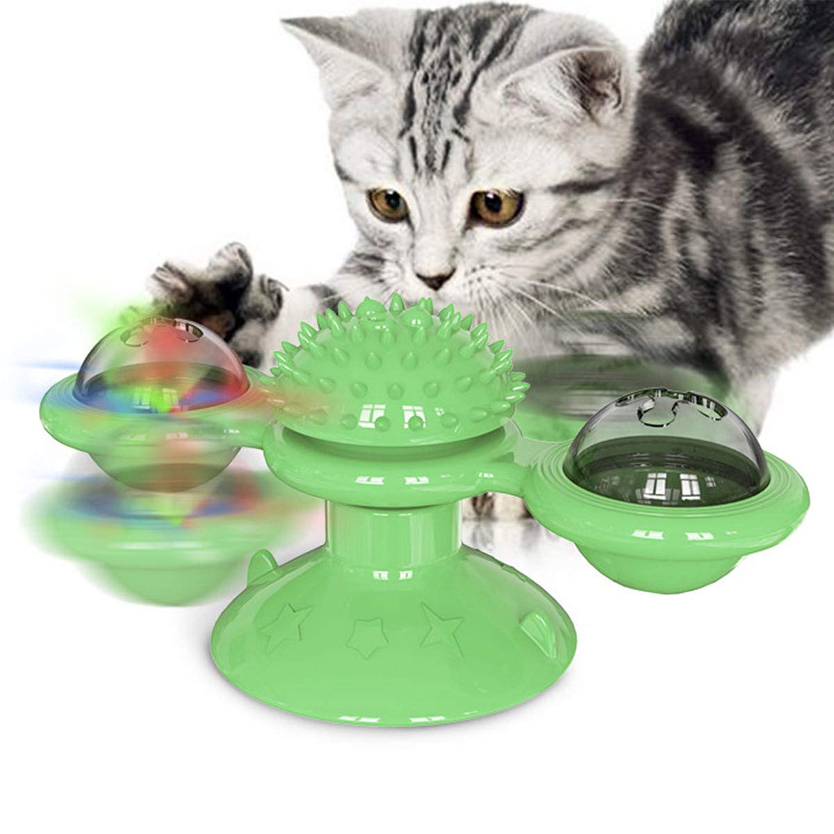 Gbsyu Interactive Windmill Cat Toys With Catnip : Cat Toys For Indoor Cats Funny Kitten Toys With Led Light Ball Suction Cup?Cat Nip Toy For Cat Chew Exercise (Green)