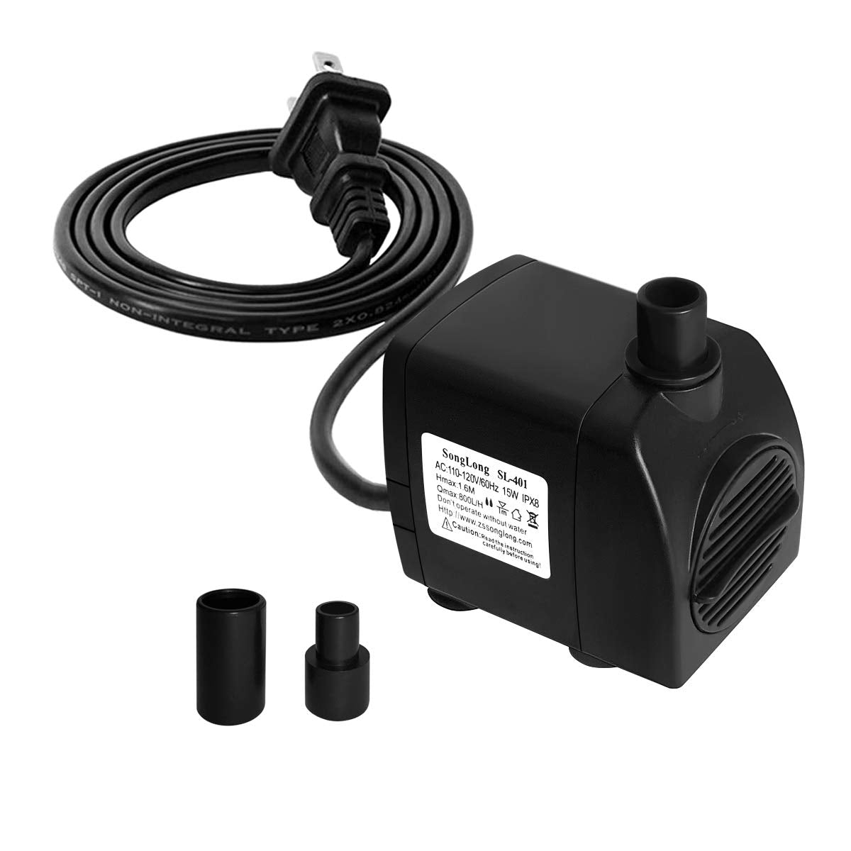 SongLong Submersible Pump 200GPH (800 L/H 15W) Ultra Quiet with Dry Burning Protection 5.2ft High Lift for Fountains, Hydroponic