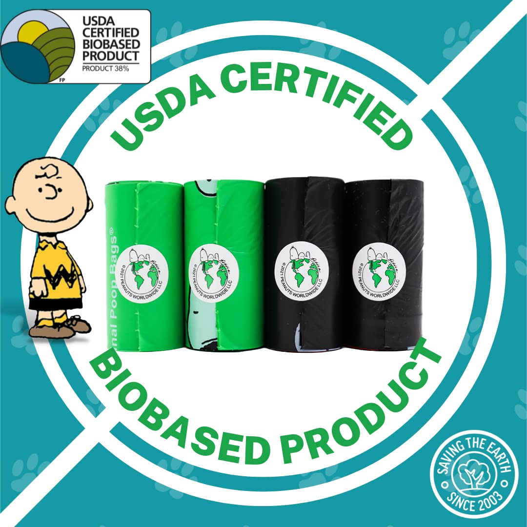 The Original Poop Bags Usda Biobased Pet Waste Bags - Peanuts Characters - Durable, Leak Resistant, 60 Count, Blk/Green