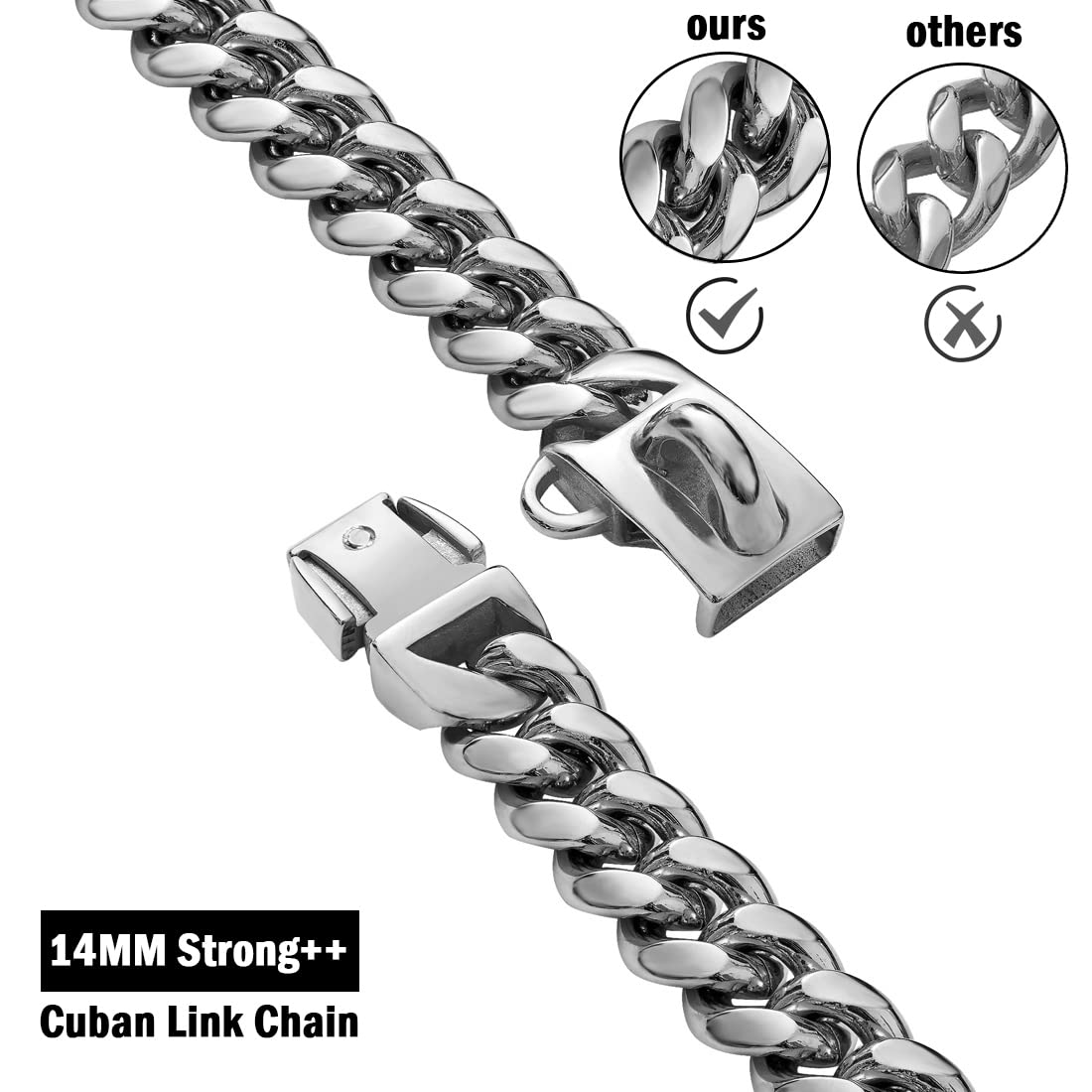 Yowity Strong Stainless Steel Silver Metal Dog Collars with New Secure Buckle,14MM Cuban Lock Link Chain Training Collar Necklac
