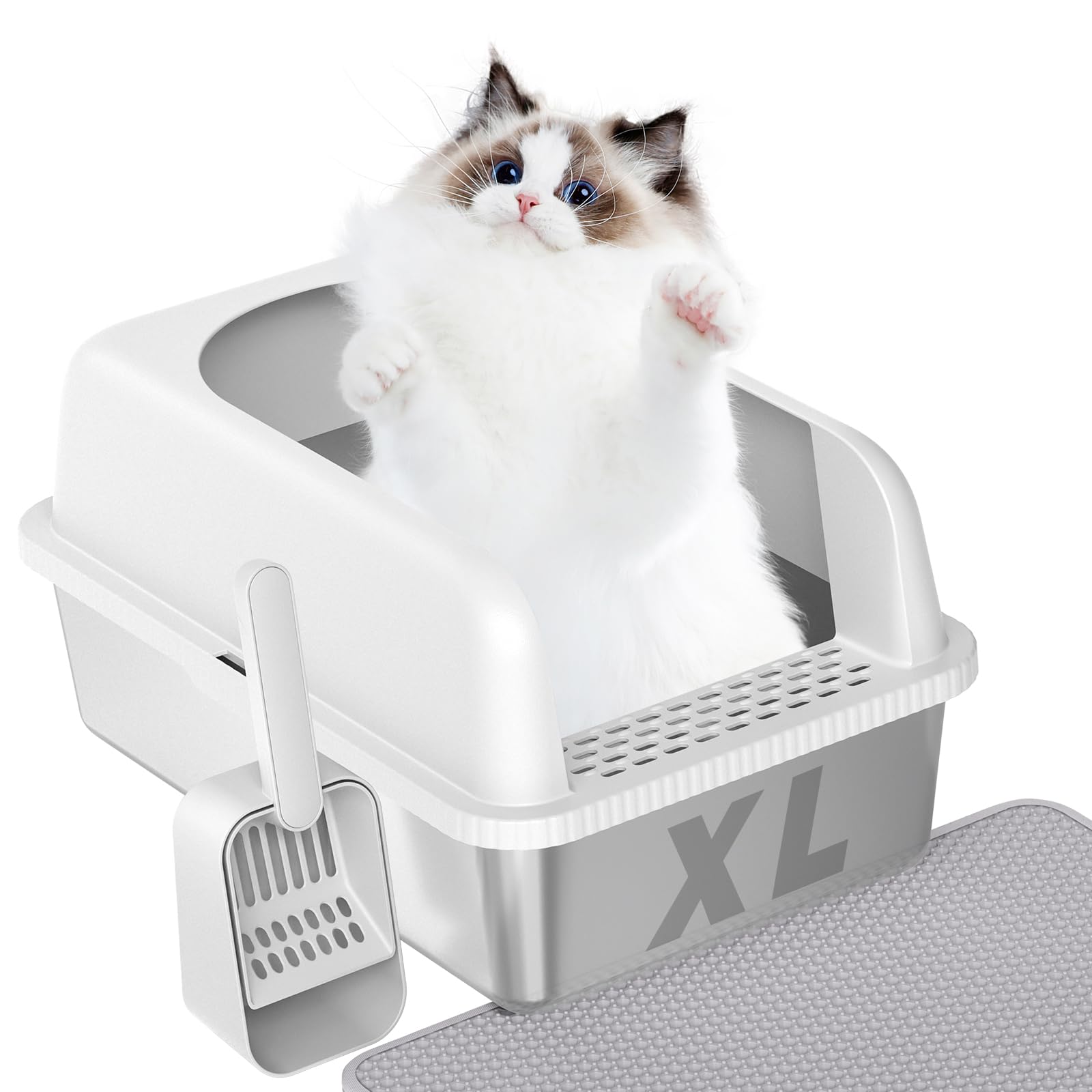 Prodigen Extra Large Stainless Steel Cat Litter Box with Lid High Wall Sides Enclosure, Non-Sticky, Anti-Leakage, Easy Cleaning,