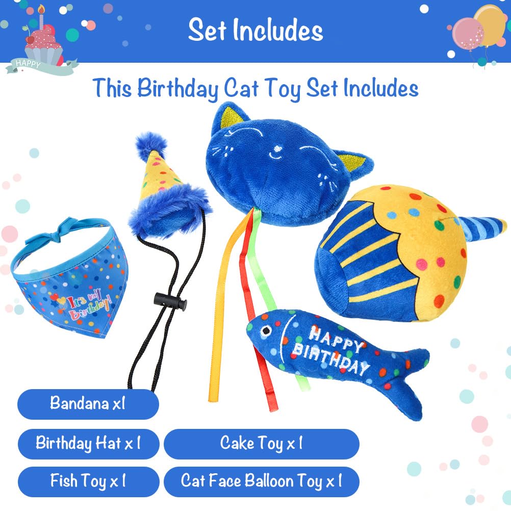 Bingpet Cat Birthday Catnip Toys For Indoor Cats,Cat Birthday Hat,Bandana And Cat Birthday Cake Interactive Plush Kitten Chew To