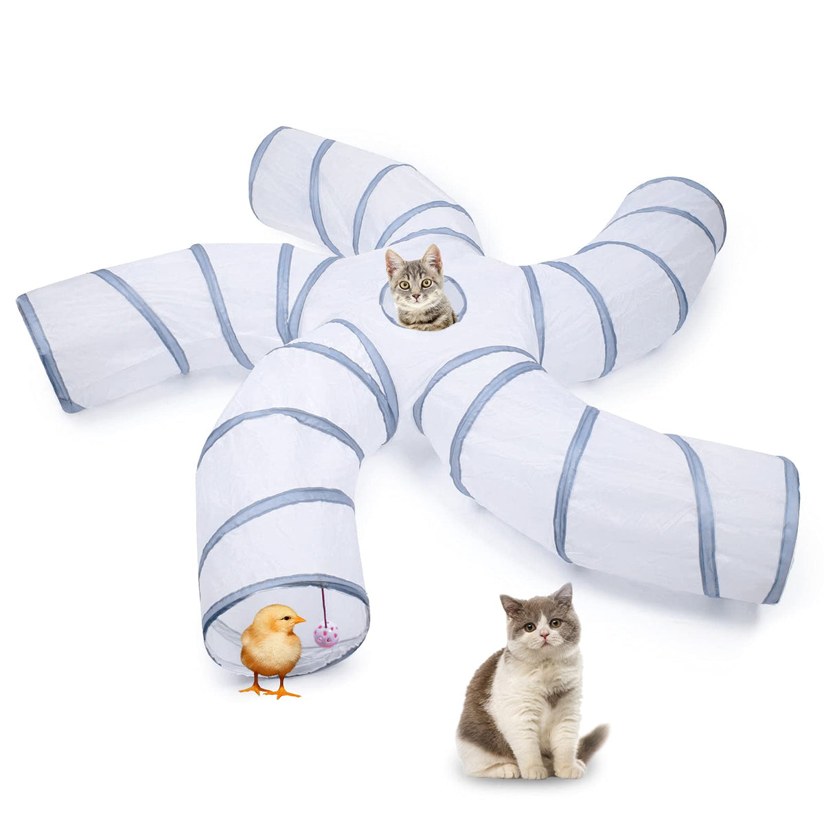 Egetota Cat Tunnel For Indoor Cats Large, With Play Ball S-Shape 5 Way Collapsible Interactive Peek Hole Pet Tube Toys, Puppy, Kitty, Kitten, Rabbit (White & Grey)