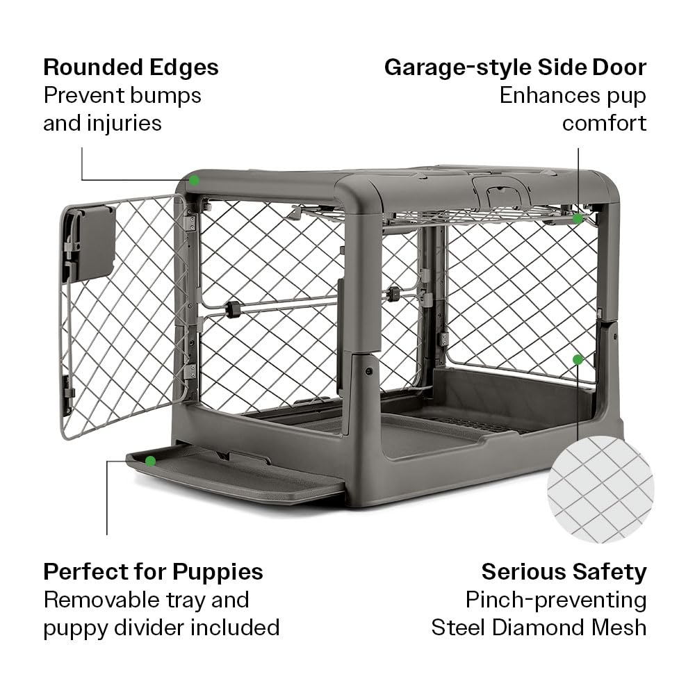 Diggs Revol Collapsible Dog Crate With Wheels - Premium Portable Dog Crate - Safe, Stylish, And Convenient Indoor Kennel (Smoke,