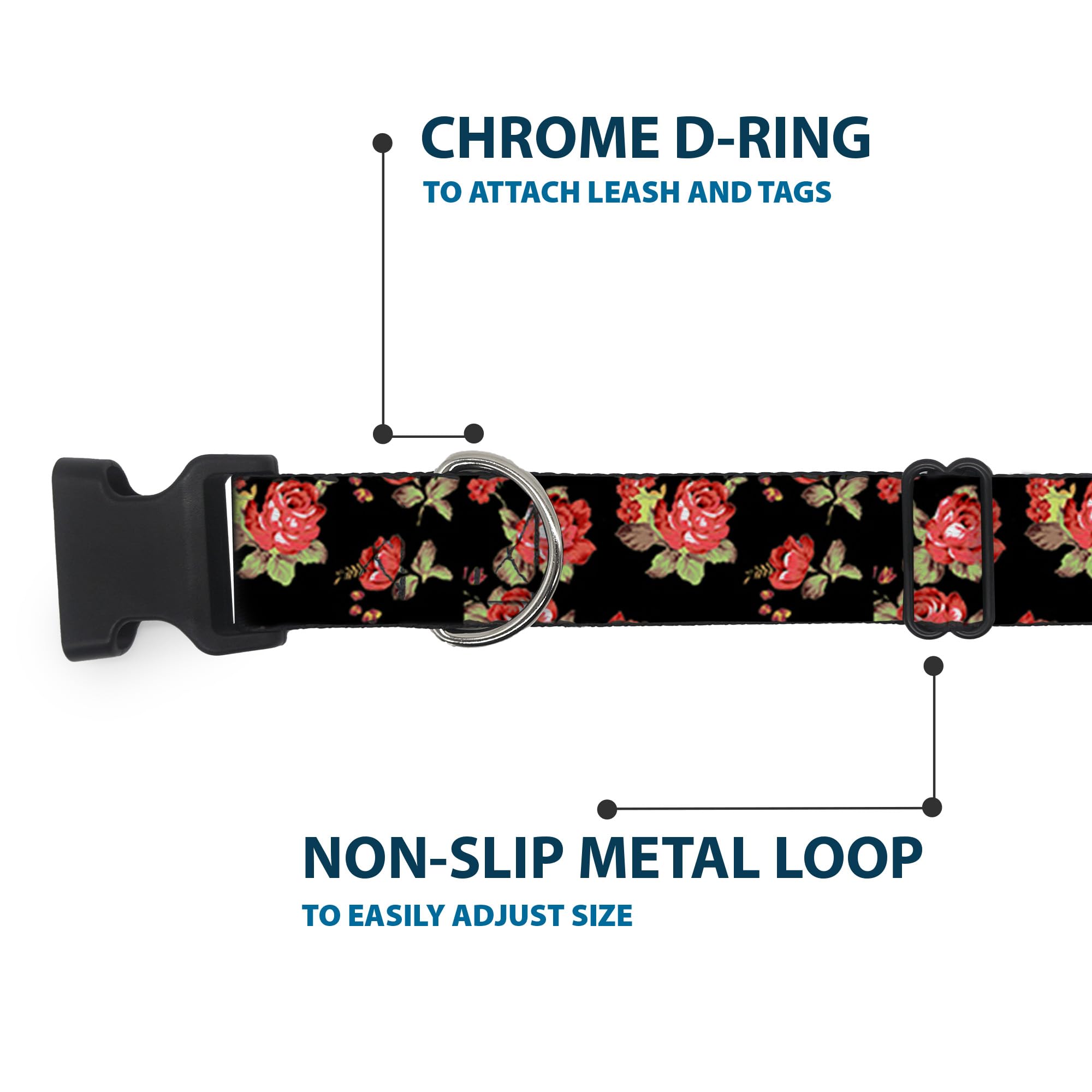 Buckle-Down 9-15'' Red Roses Scattered Black Plastic Clip Collar, Small