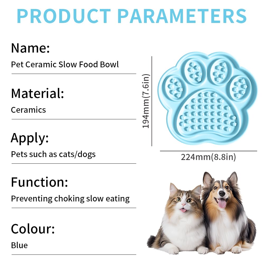 Ceramic Slow Feeder for Dogs & Cats, 8.8   Lick Mat and Puzzle Feeder Blue Cat Dish Slow for Anxiety Relief, Interactive Treats