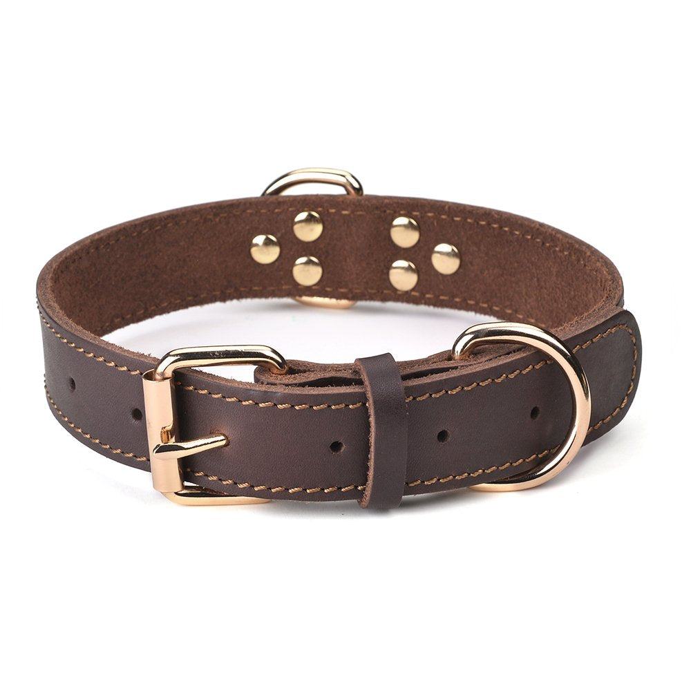 Daihaqiko Genuine Leather Dog Collar, Heavy Duty Dog Collar, Wide Dog Collar For Small Dog, Medium Dog, Large Dog And Extra Large Dog (Xl: 1.4' Wide For 18.6'-25.8' Neck, Single Stitch - Brown)