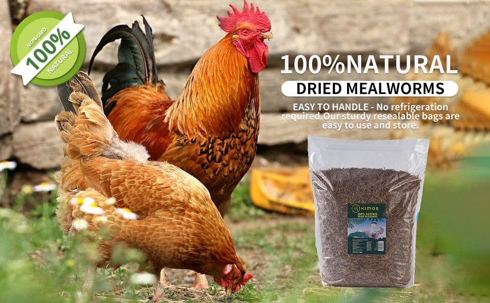 kimoe Non-GMO Bulk Dried Mealworms 10LB Bag for Chickens, Ducks & Wild Birds - 100% Natural High-Protein Feed to Boost Egg Produ