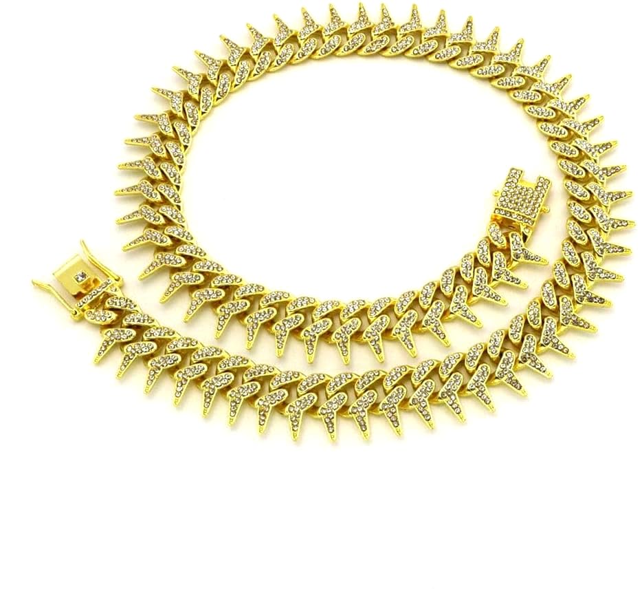 Pimaodog Dog Chain Collar, Side Spiked Style Necklace Bling Diamond Cuban Link Dog Collars Glitter Rhinestone Puppy Collar For F