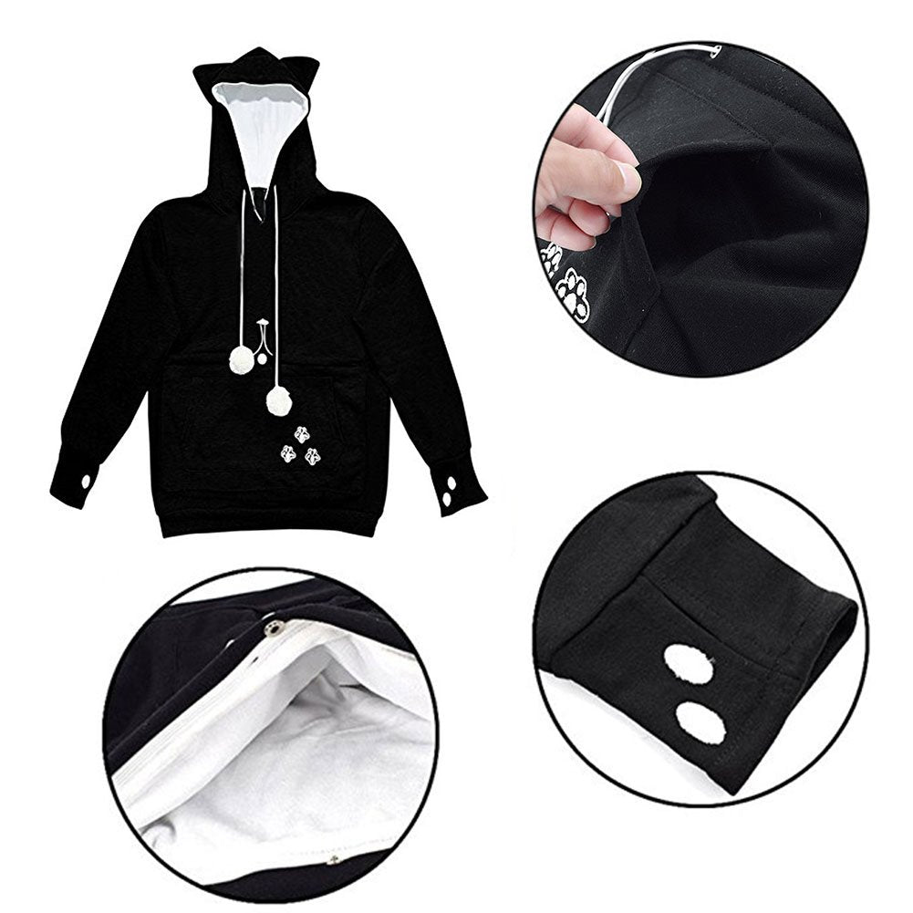 Jomago Womens Pet Carrier Thin Hoodies Kitten Puppy Pouch Shirts Animal Holder Hood Long Sleeve Sweatshirt Thin Black
